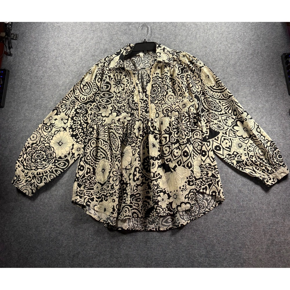 Umgee USA Women Black Cream Paisley Floral Babydoll Blouse Top R0592 Small